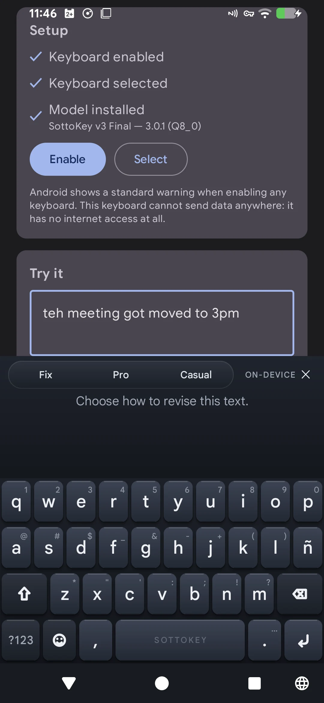 Current SottoKey three-mode rewrite panel on Android